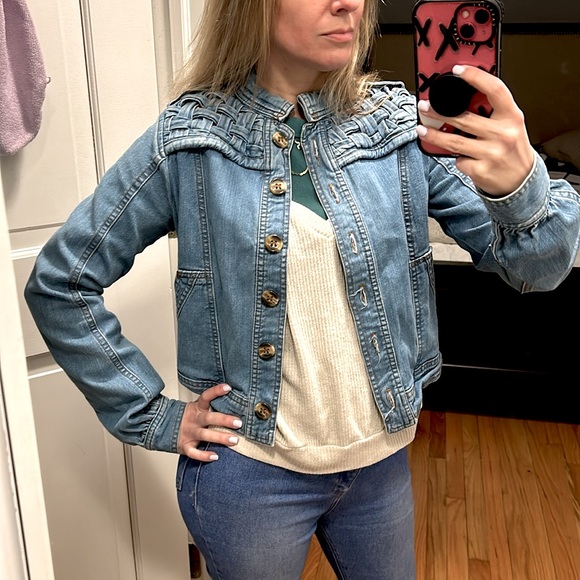 ✨ Mike & Chris ✨ Lattice Weave Cropped Jean Denim Jacket Button Up Size Small - Picture 10 of 10